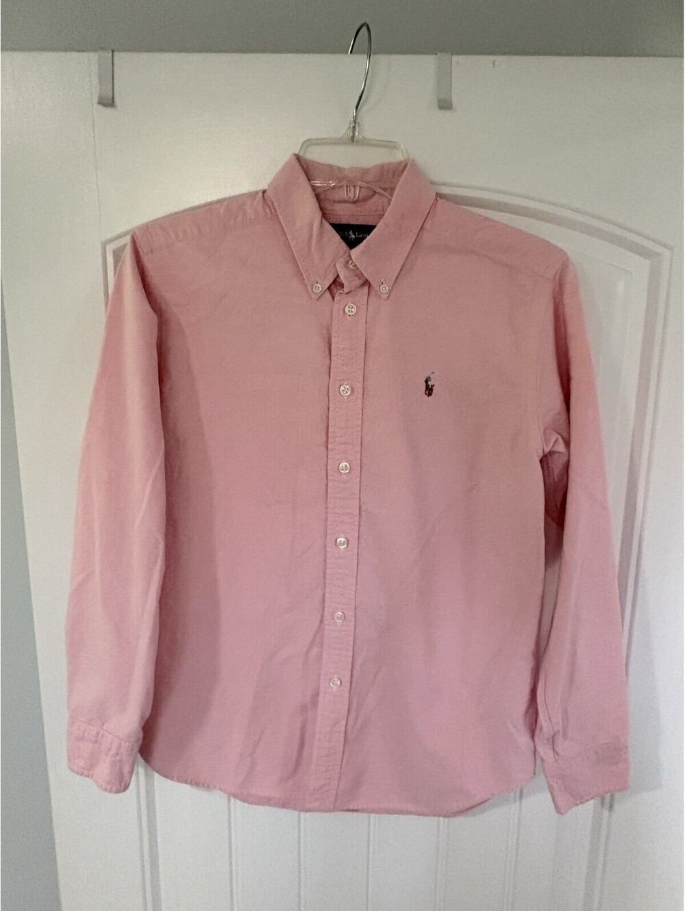 Ralph Lauren Boys Size 16 Solid Pink Logo Long Sleeve Button-Down Shirt